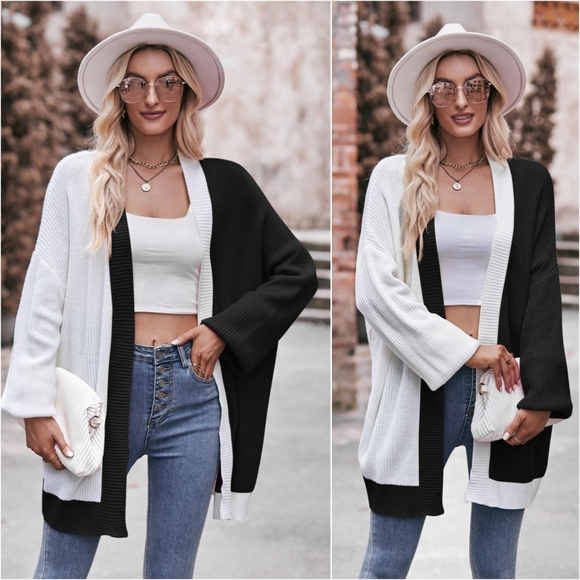 Contrast Open Front Cardigan - Black - Picture 2 of 5